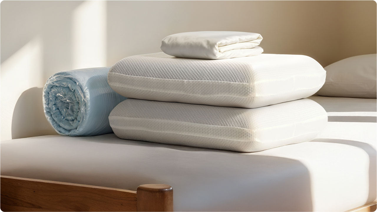 Close-up of Dorm 101 bundle items on a sunlit bed: rolled cooling topper, two stacked memory foam pillows, and a mattress protector.
