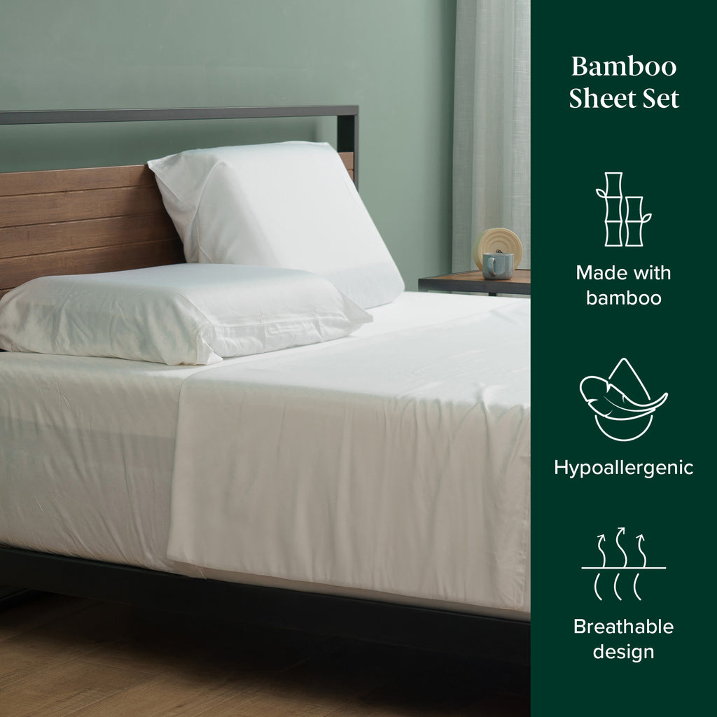 Sleep peacefully with moisture-wicking bamboo sheets, designed for comfort and sustainability. Available in Twin, Full, Queen and King sizes.
Features: Made with bamboo, Hypoallergenic and Breathable design 