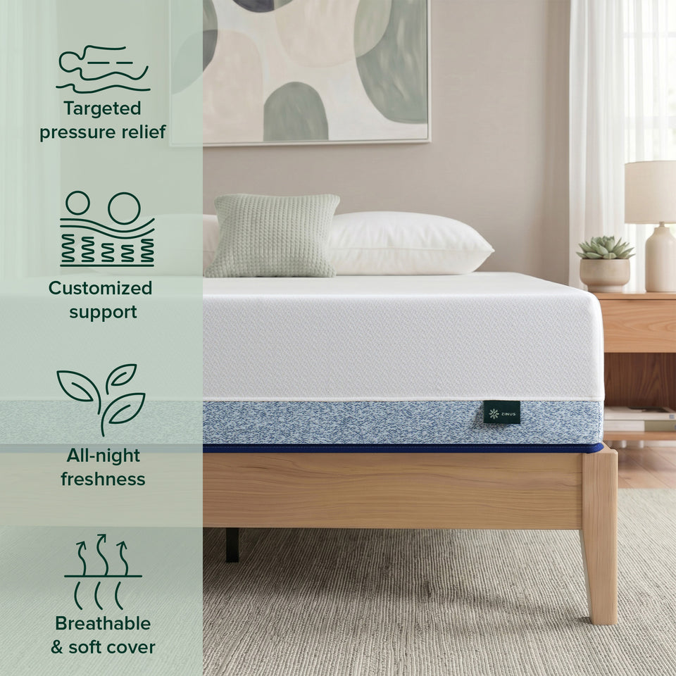 Zinus Balanced Comfort Core Hybrid Mattress on a wood platform bed in a bright bedroom with green and white pillows, highlighting four benefits: targeted pressure relief, customized coil support, all-night freshness, and a breathable, soft cover for restful sleep.
