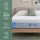 Zinus Balanced Comfort Signature Hybrid Mattress on an upholstered platform bed in a bright bedroom with white and green pillows, highlighting four benefits: cooling comfort, customized coil support, targeted pressure relief, and all-night freshness.