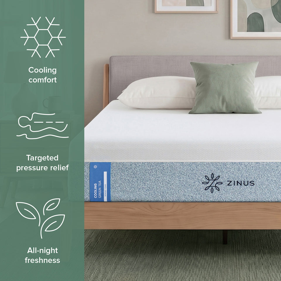 Zinus Balanced Comfort Signature Memory Foam Mattress on an upholstered platform bed in a bright bedroom with white and green pillows, highlighting three benefits: cooling comfort, targeted pressure relief, and all-night freshness for cool, restful sleep.