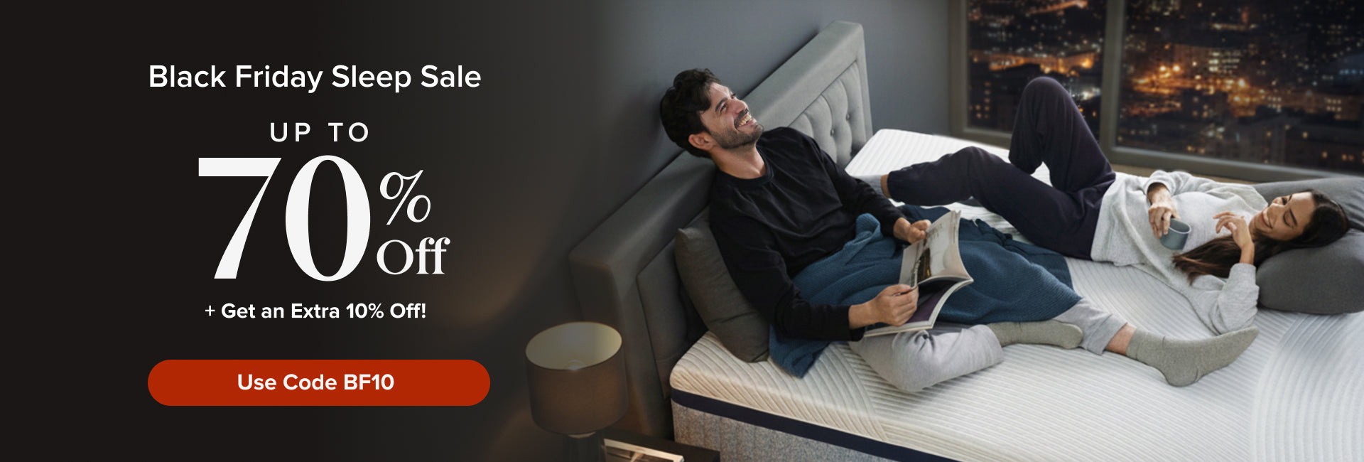 Zinus hybrid mattress on upholstered bed in modern bedroom with bedside lamps and wood panel wall, promoting Dreamy Black Friday Deals with up to 70% off plus an extra 10% off using code BF10; features include triple cooling, zoned pressure relief, and all-night freshness.