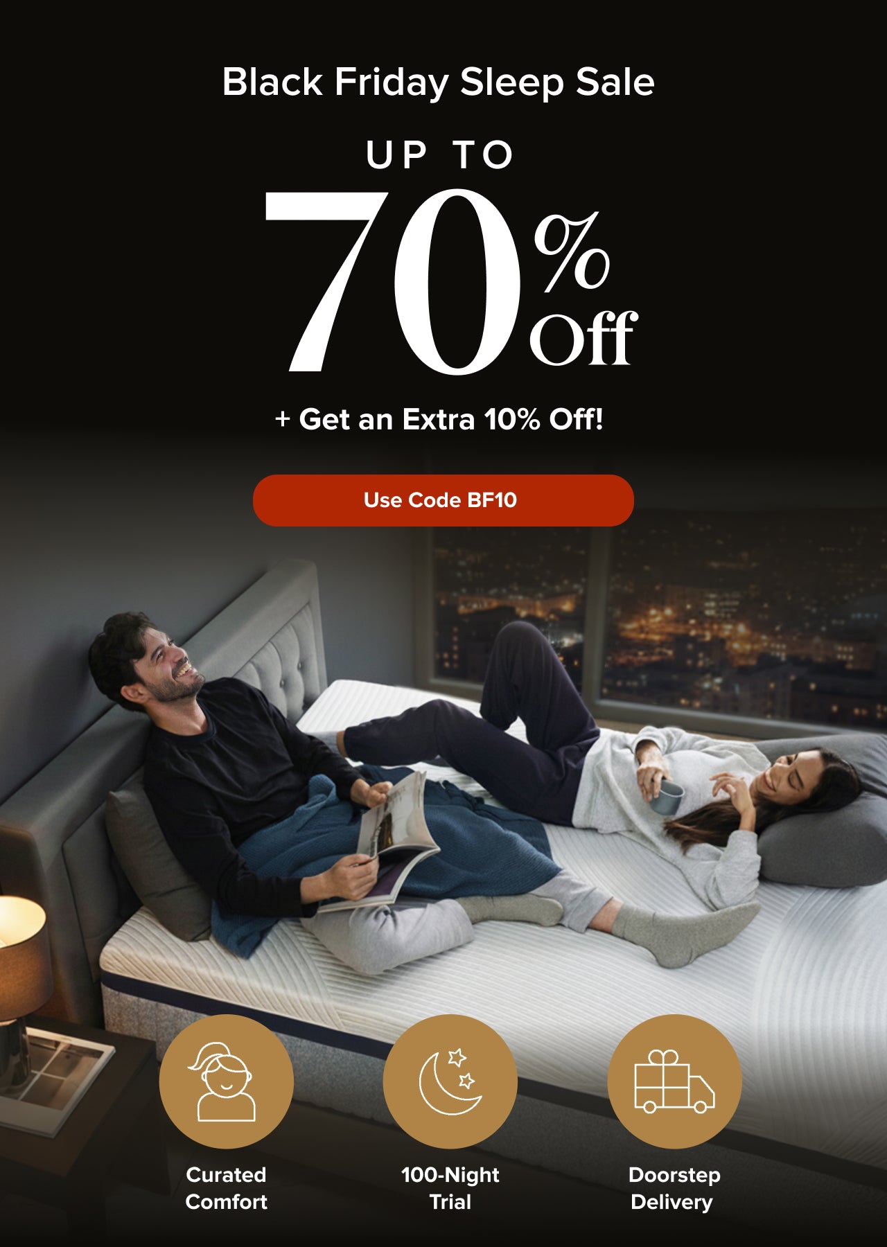 Dreamy Black Friday Deals promotion offering up to 70% off plus an extra 10% off with code BF10, displayed beside a Zinus hybrid mattress on a modern upholstered bed with bedside tables and warm lighting