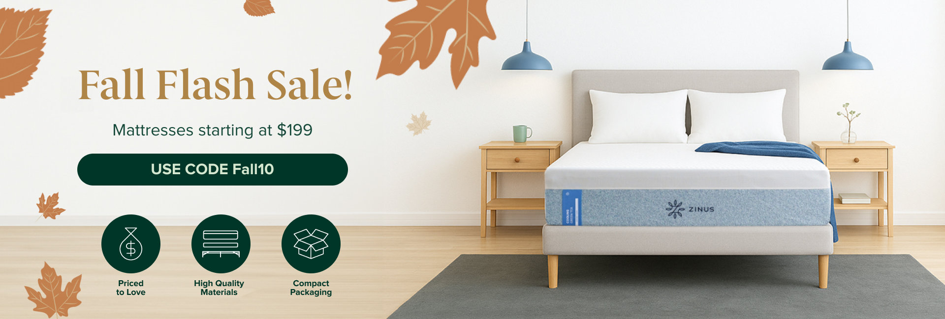 Zinus Fall Flash Sale promotion featuring a modern bedroom scene with a light gray platform bed and Zinus mattress, styled with blue and white bedding and wooden nightstands; autumn leaves decorate the design with on-image text reading 'Fall Flash Sale! Mattresses starting at $199. Use code Fall10