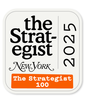 The Strategist New York 2025 The Strategist 100 badge, featuring bold black text with New York logo in script, vertical year 2025 on the right, and an orange label at the bottom reading The Strategist 100, indicating recognition on the 2025 Strategist 100 list.
