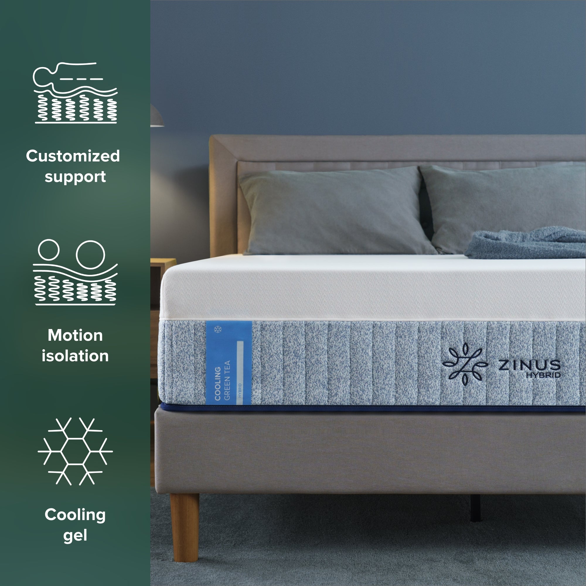 Zinus Cooling Green Tea Hybrid Mattress designed for enhanced breathability and pressure relief. Features: Customized support, Motion isolation and Cooling gel