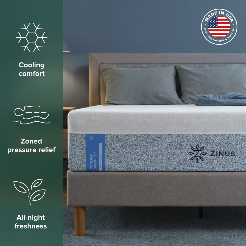 Zinus Original Green Tea Memory Foam Mattress made in USA with green tea-infused CertiPUR-US certified foam – best memory foam mattress for comfort and freshness for hot sleepers. Features: All-night freshness, Cooling comfort and Zoned pressure relief 
