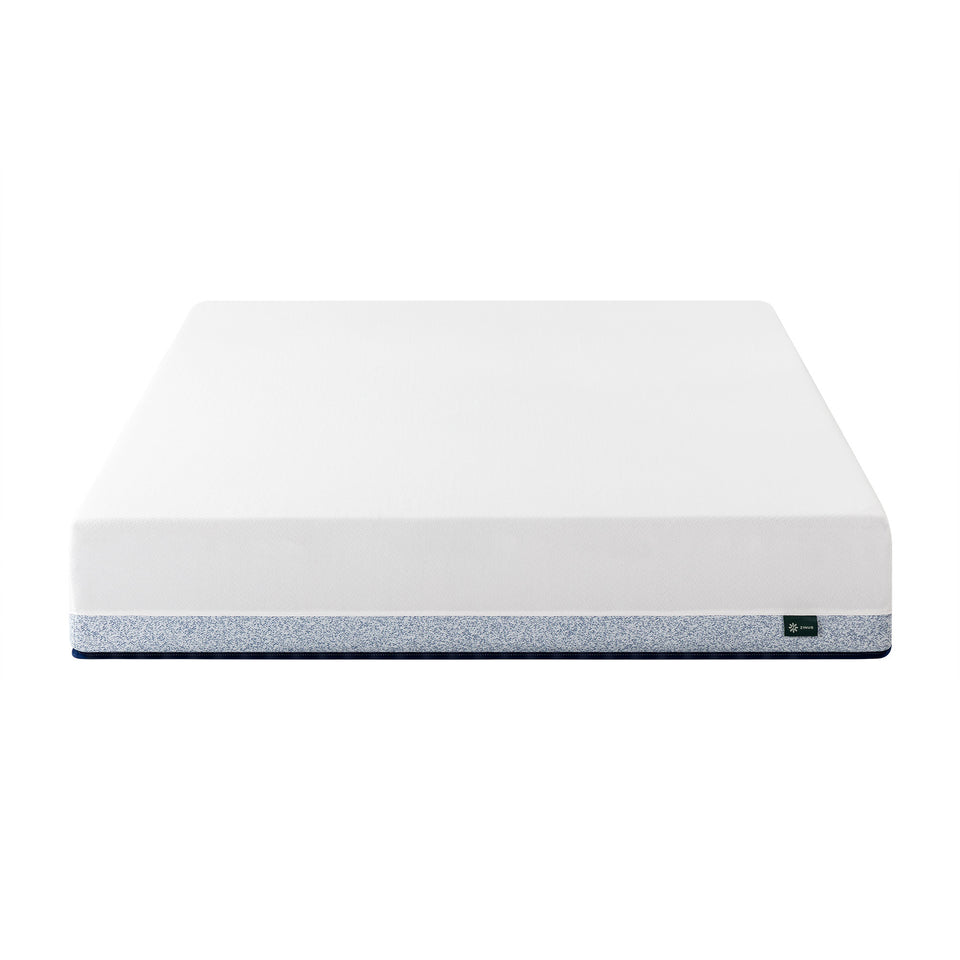 Zinus Balanced Comfort Core Hybrid Mattress shown in front silo view against a plain white background, featuring a white knit top cover and blue woven side panel with navy trim and Zinus brand tag, showcasing clean edges and consistent uniform thickness throughout.