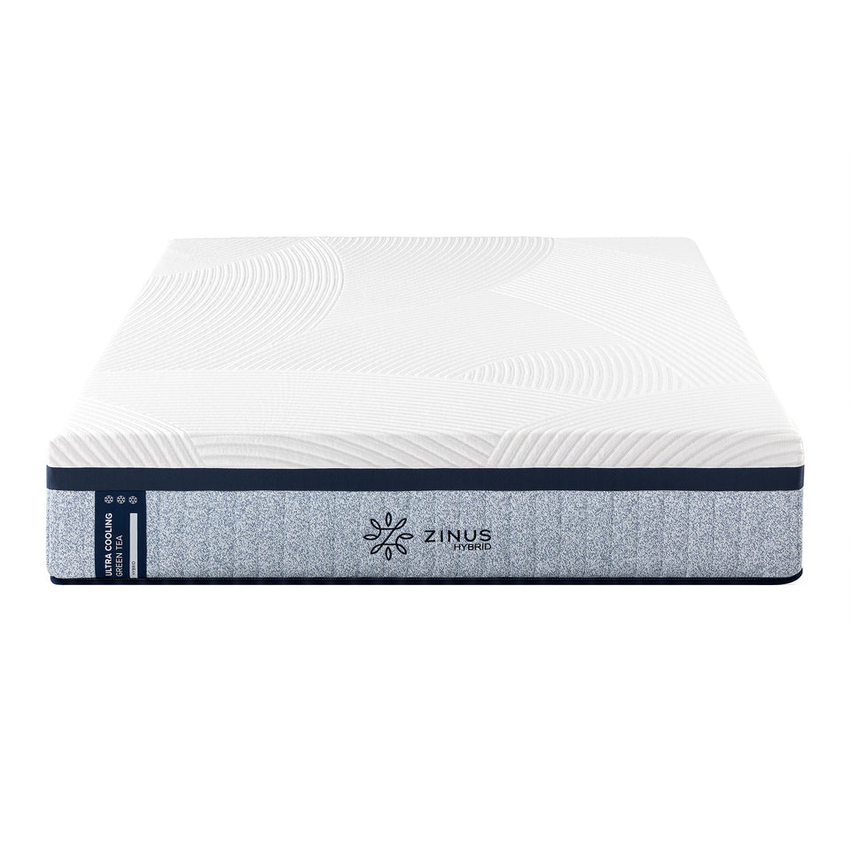 Zinus Balanced Comfort Luxe Hybrid Mattress shown in front silo view against a plain white background, featuring a quilted wave-pattern top cover with navy trim and channel-quilted light blue woven side panel with Zinus Hybrid brand tag, showcasing clean, uniform edges.