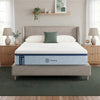 Zinus Balanced Comfort Luxe Memory Foam Mattress fully set up on an upholstered platform bed with wingback headboard in a bright bedroom with white and green pillows, nightstands, and lamps on either side, showing the mattress in its intended home setting.