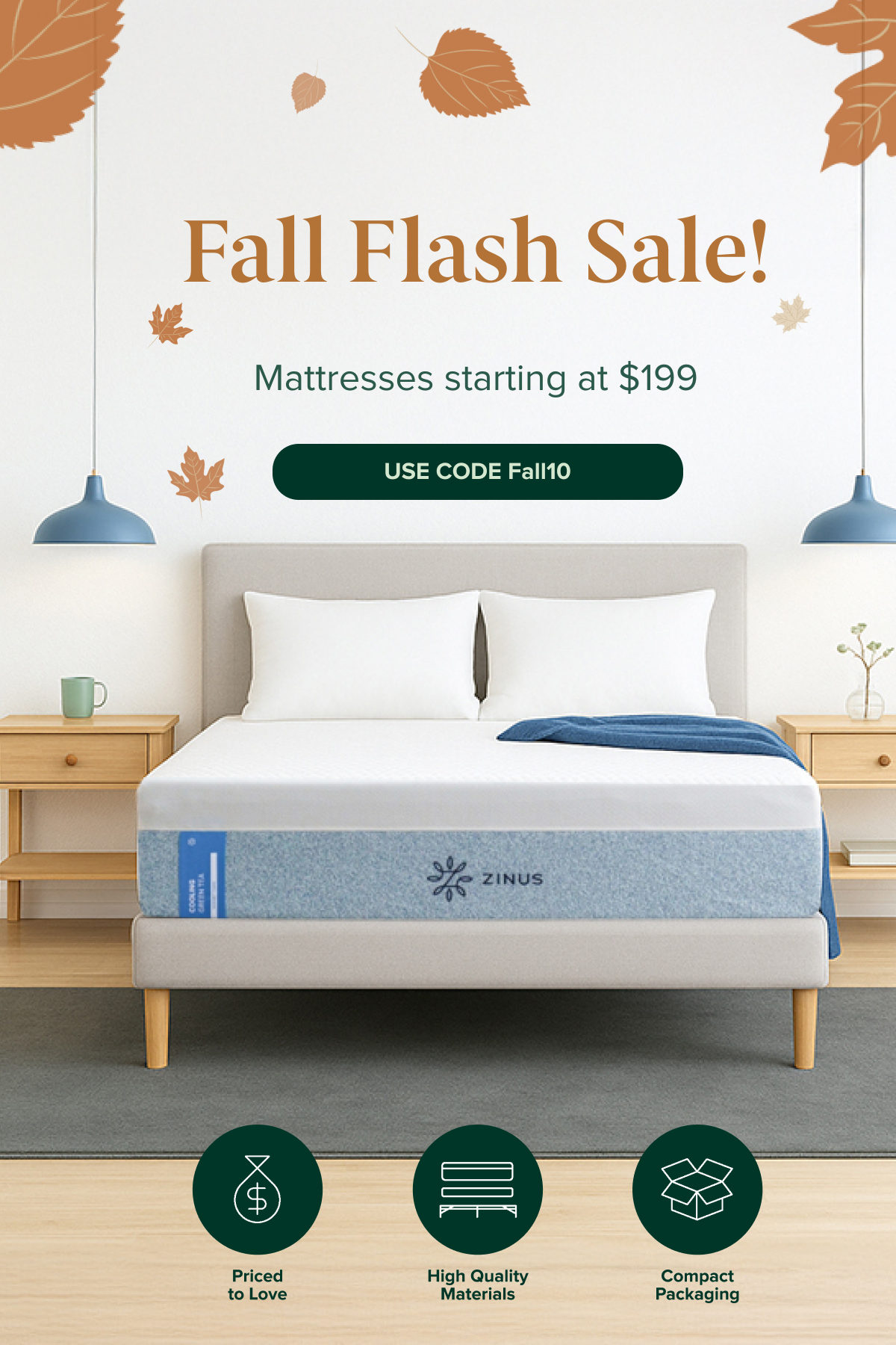 Zinus Fall Flash Sale promotion featuring a modern bedroom scene with a light gray platform bed and Zinus mattress, styled with blue and white bedding and wooden nightstands; autumn leaves decorate the design with on-image text reading 'Fall Flash Sale! Mattresses starting at $199. Use code Fall10