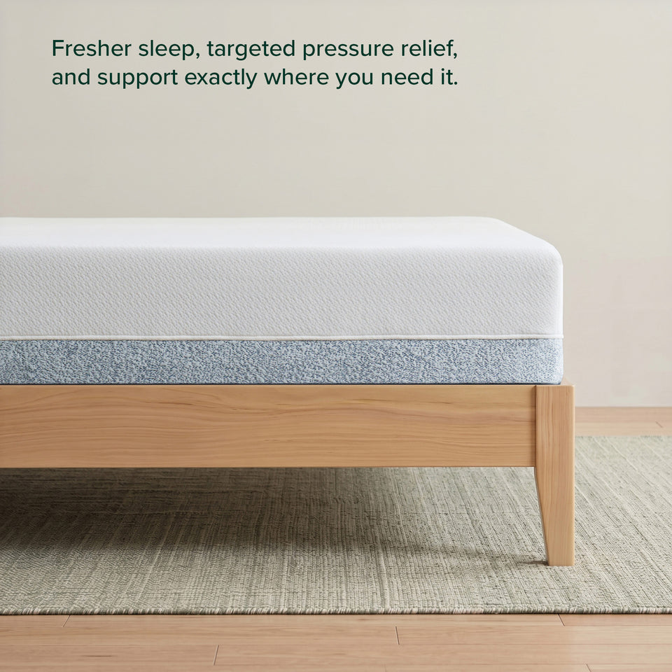 Zinus Balanced Comfort Core Memory Foam Mattress, side view close-up of the white knit cover and blue woven base fabric on a natural wood platform frame, with on-image text reading: 'Fresher sleep, targeted pressure relief, and support exactly where you need it.