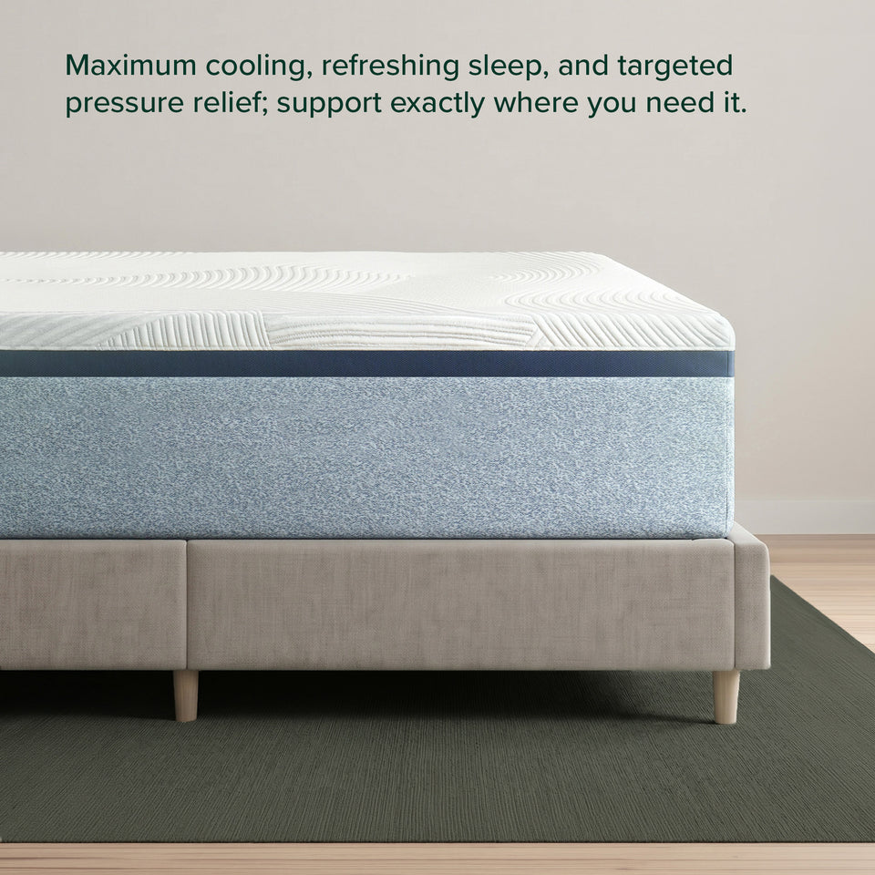 Zinus Balanced Comfort Luxe Memory Foam Mattress, side view close-up of the quilted white cover and light blue woven base on an upholstered platform bed, with on-image text reading: 'Maximum cooling, refreshing sleep, and targeted pressure relief; support exactly where you need it