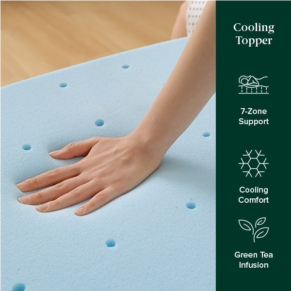 Close-up of a hand pressing into a blue cooling memory foam topper with airflow holes, promoting 7-zone support and cooling comfort