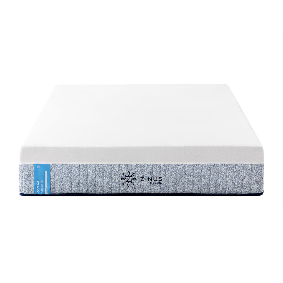 Zinus Cooling Green Tea Hybrid Mattress, Queen, front silo shot on white background showing ribbed cover, side label text reading cooling green tea hybrid, and Zinus Hybrid logo.