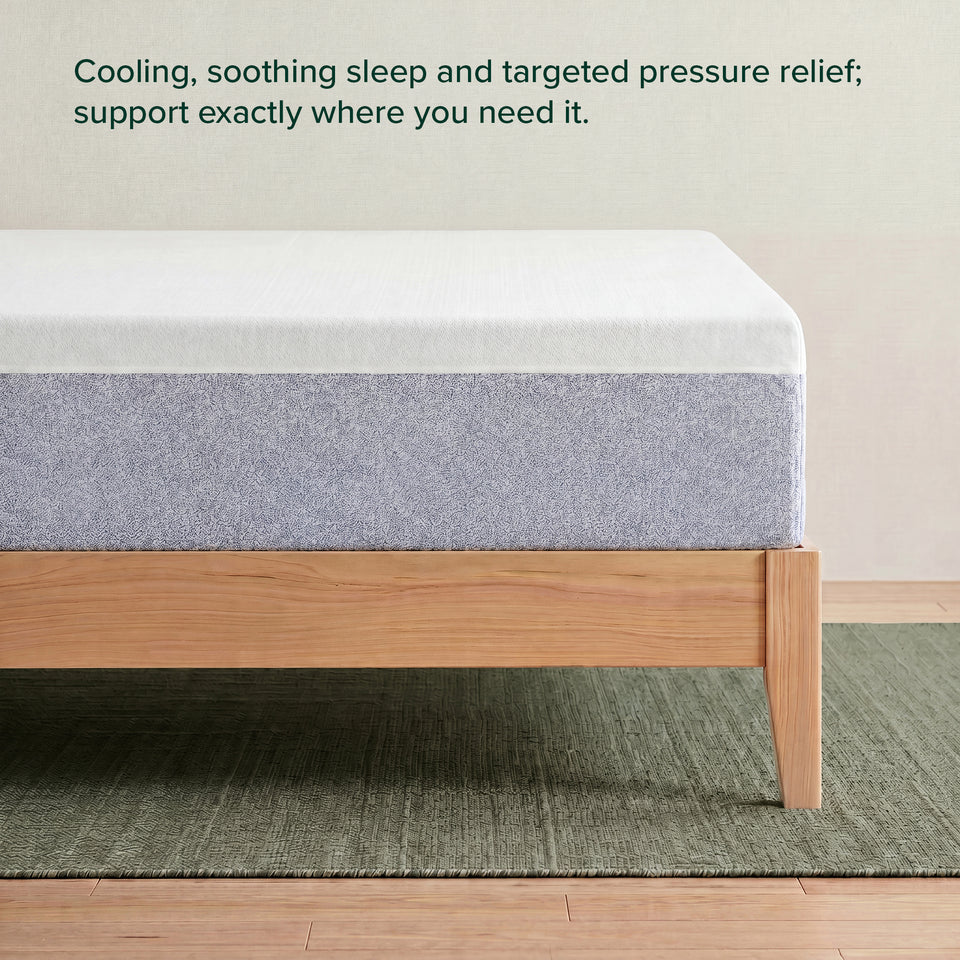 Zinus Cooling Green Tea Memory Foam Mattress, Queen, corner view on wood platform bed frame with headline text reading cooling, soothing sleep and targeted pressure relief; support exactly where you need it.