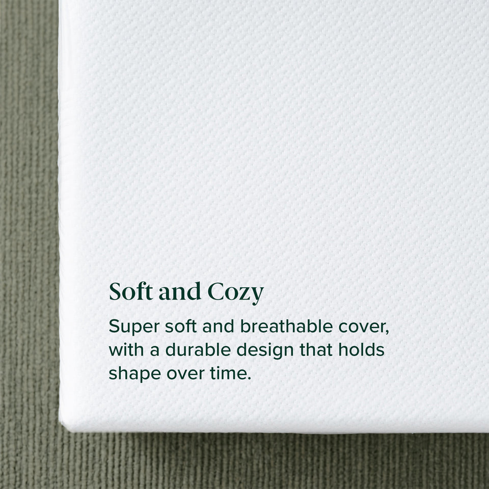 Zinus Cooling Green Tea Memory Foam Mattress, Queen, close-up of cover corner with text reading soft and cozy, super soft and breathable cover with a durable design that holds shape over time.