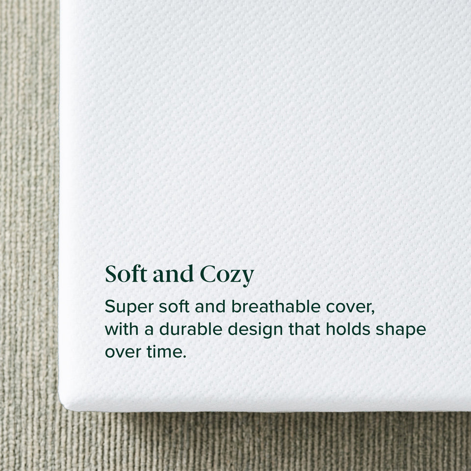 Zinus Original Green Tea Memory Foam Mattress, Queen, close-up of soft knit cover corner with text reading soft and cozy, super soft and breathable cover with a durable design that holds shape over time.