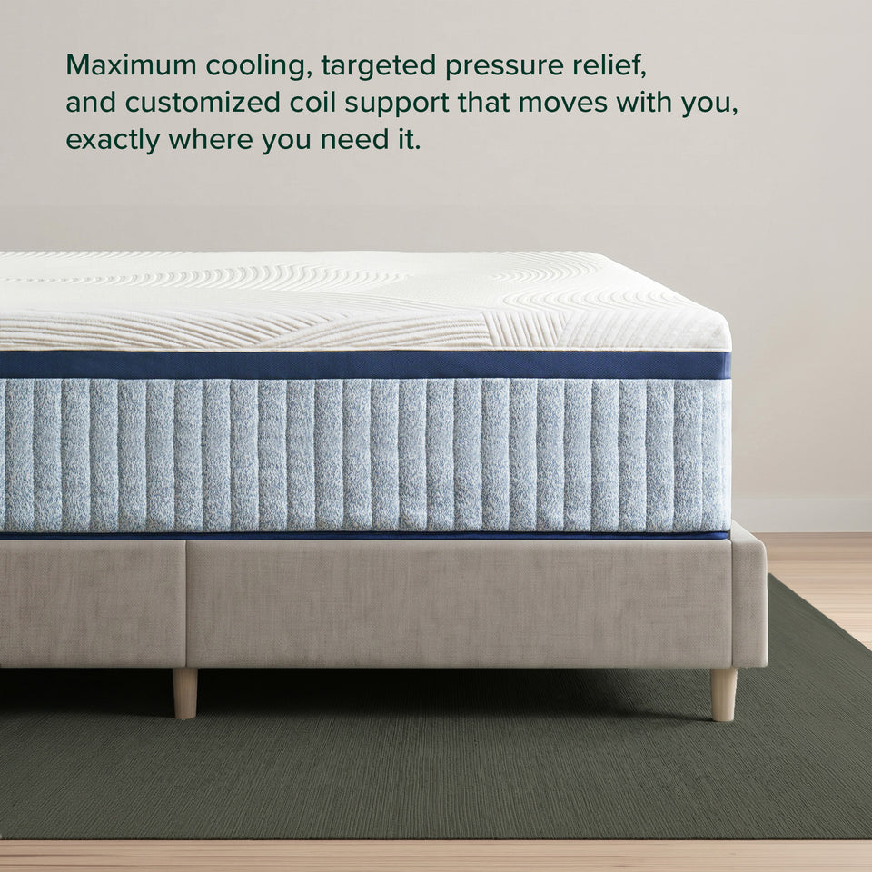 Zinus Ultra Cooling Green Tea Hybrid Mattress, Queen, corner view on upholstered bed frame with headline text reading maximum cooling, targeted pressure relief, and customized coil support that moves with you, exactly where you need it.