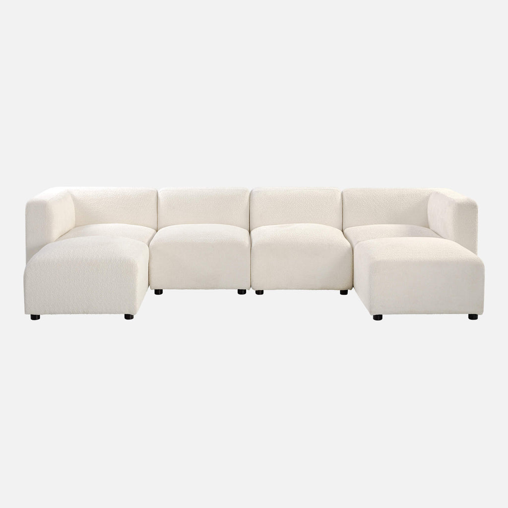 Studio front view of Zinus Luca Double Chaise Sectional Sofa in ivory boucle. Features deep seating, plush cushions, and modern low-profile arms. The double chaise design provides spacious lounging and contemporary comfort for any home. 