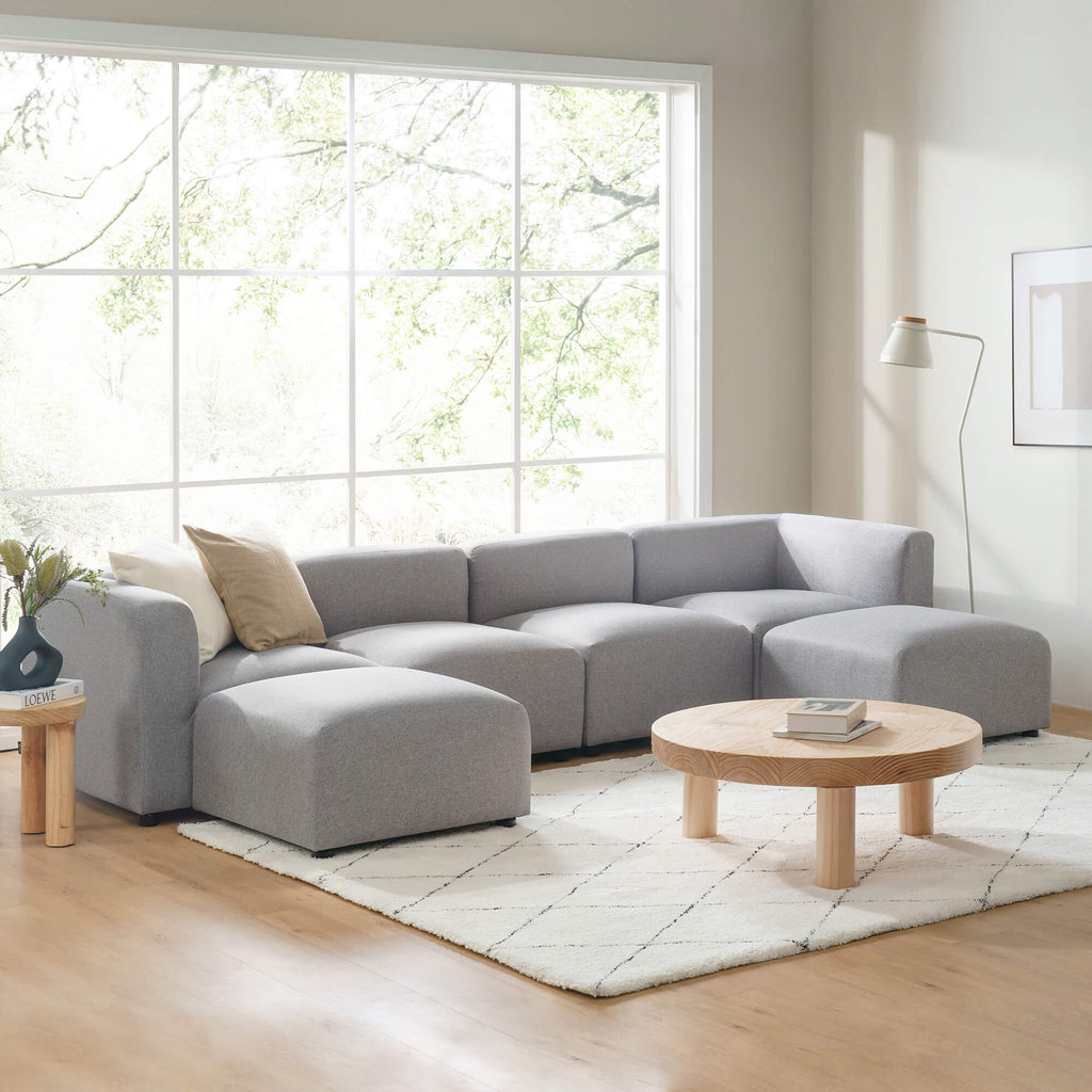 Zinus Luca Double Chaise Sectional Sofa styled in modern living room with large window and wood accents. Ivory boucle fabric, spacious double chaise, and plush cushions create a cozy centerpiece perfect for lounging or entertaining 