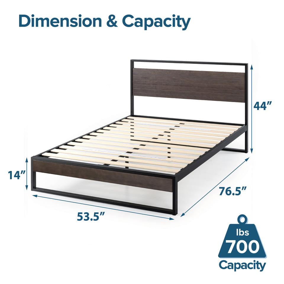 Zinus Suzanne Metal and Bamboo Platform Bed Frame with queen size dimensions shown. Features natural bamboo headboard and footboard framed in black steel with durable wood slats, offering strong mattress support and modern industrial style