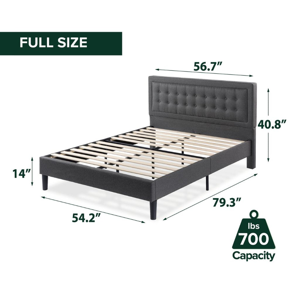 Full size upholstered platform bed frame with tufted headboard shown with wood slats, measuring 56.7 inches wide, 79.3 inches long, 40.8 inches high, and 14 inches from floor to base, supporting up to 700 pounds