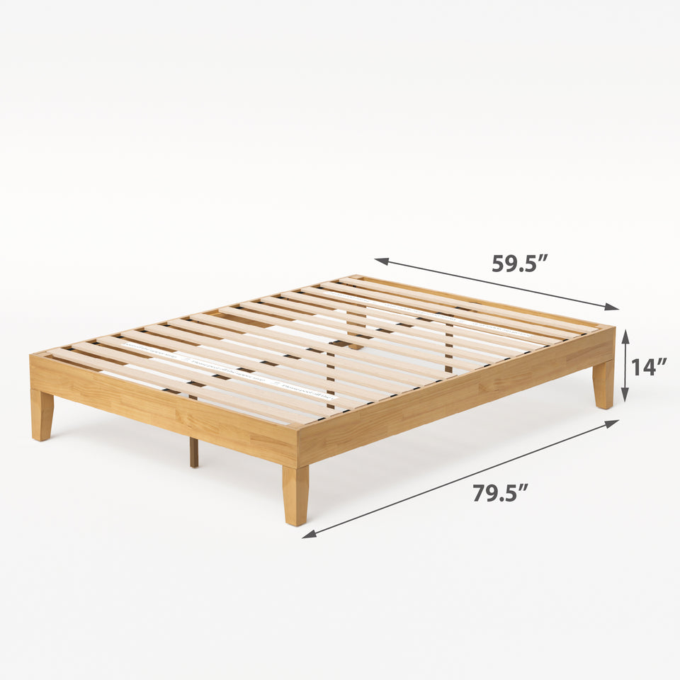 Angled view of Zinus Moiz Deluxe Wood Platform Bed Frame with measurements 79.5 x 59.5 x 14 inches. Crafted from solid wood with clean lines, this bed frame features a supportive slat system for stability, durability, and a sleek modern look without a box spring