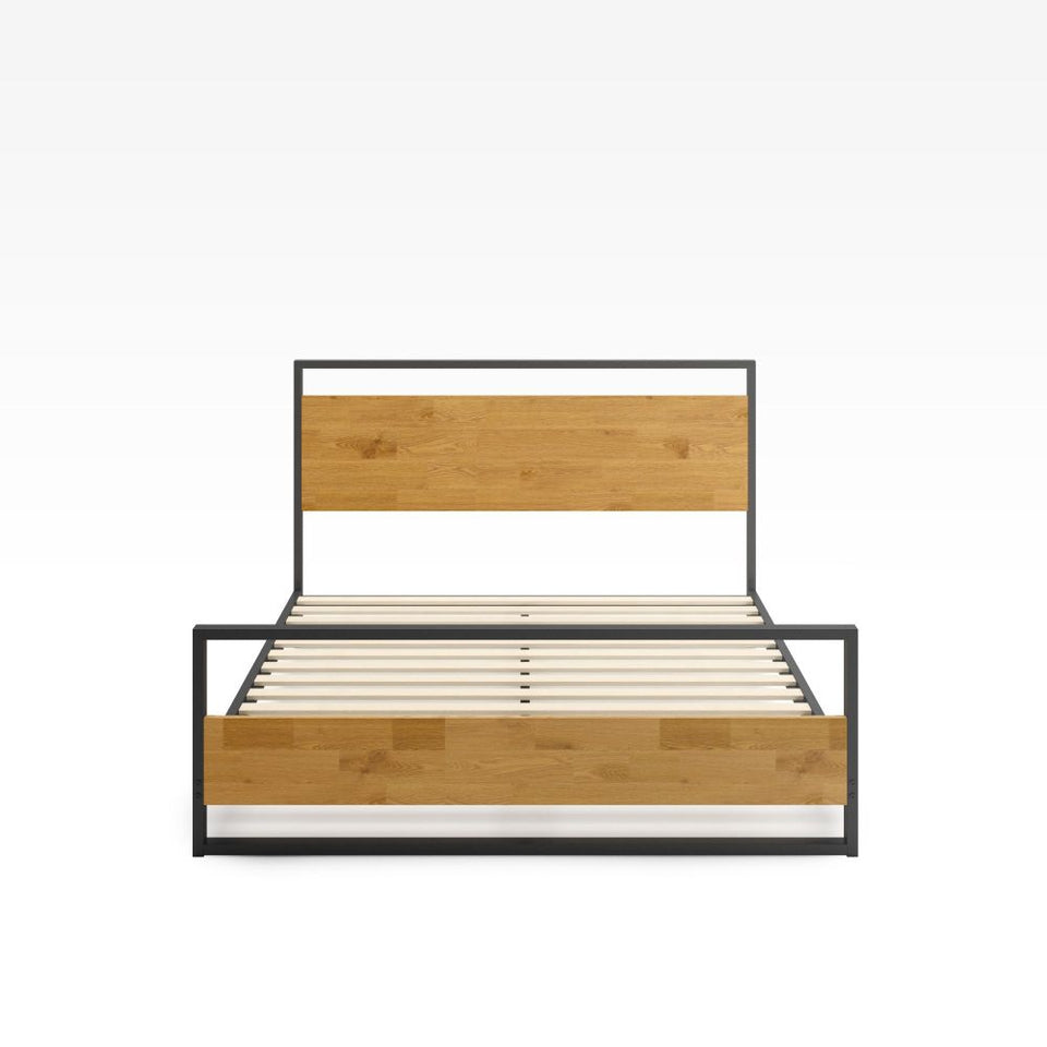 Front view of Zinus Suzanne Metal and Bamboo Platform Bed Frame with headboard and footboard. Features black steel frame with natural bamboo panels, durable wood slats, and a modern industrial aesthetic that supports restful sleep.