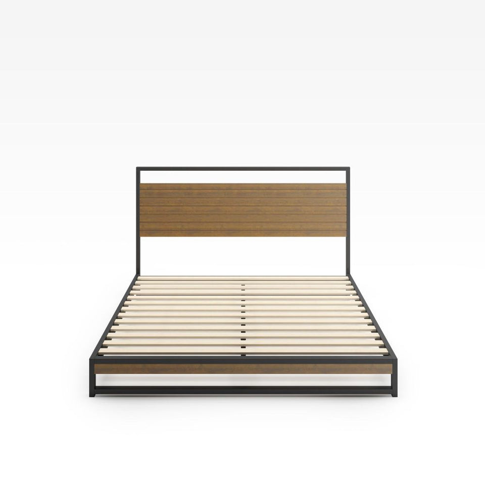 Front view of Zinus Suzanne Metal and Bamboo Platform Bed Frame with bamboo headboard and black steel frame. Durable wood slats ensure strong mattress support while the modern industrial design adds clean style to any bedroom.