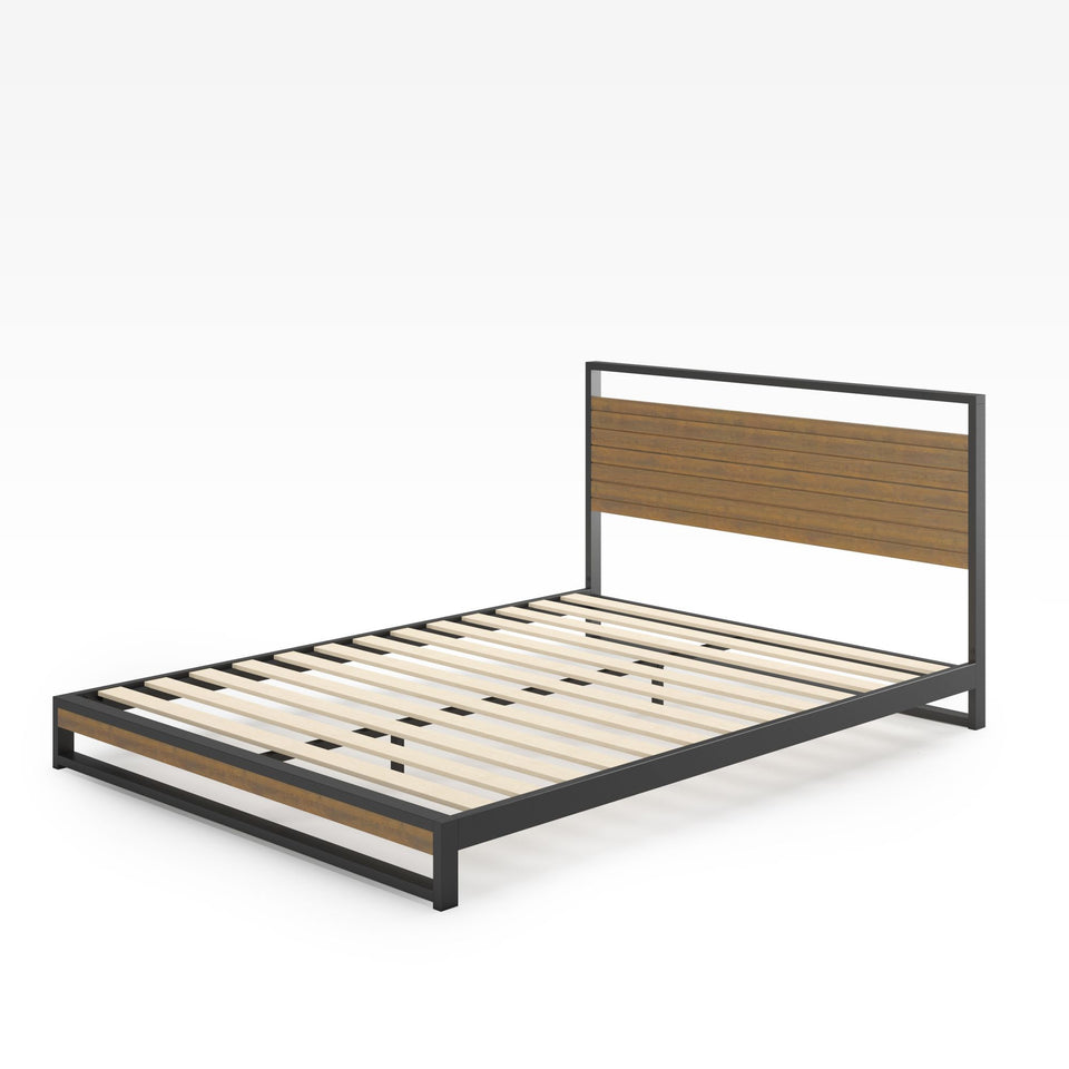 Zinus Suzanne Metal and Bamboo Platform Bed Frame in black steel with bamboo headboard and footboard. Low-profile modern design with durable wood slats provides strong mattress support and versatile style for contemporary bedrooms.