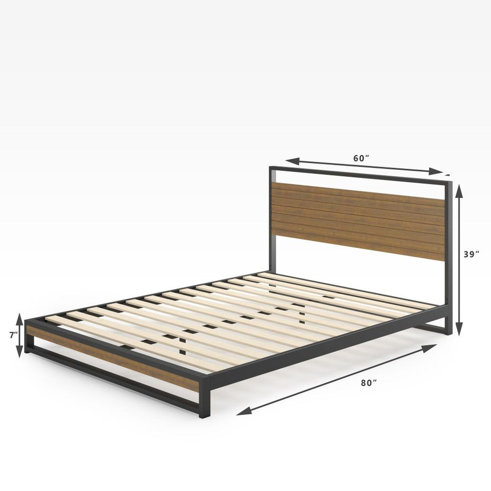Zinus Suzanne Metal and Bamboo Platform Bed Frame with queen size dimensions shown. Black steel frame with natural bamboo headboard and footboard measures 60 inches wide, 39 inches high, and 80 inches long, with a 7 inch clearance for underbed storage.