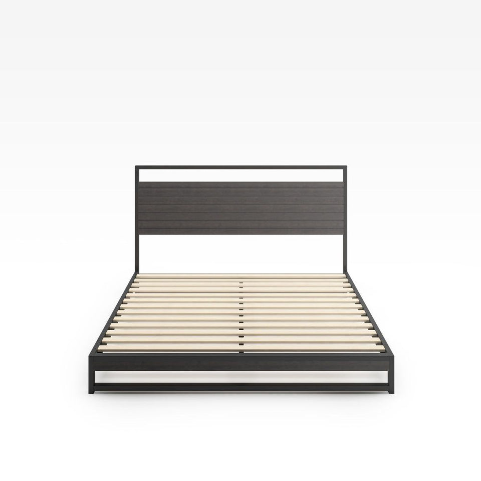 Front view of Zinus Suzanne Metal and Bamboo Platform Bed Frame with bamboo headboard and black steel frame. Durable wood slats ensure strong mattress support while the modern industrial design adds clean style to any bedroom.