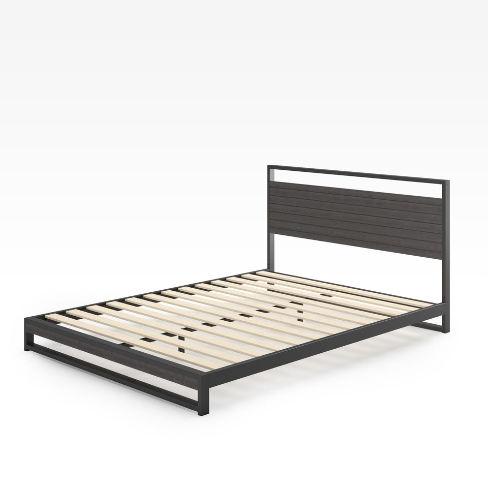 "Zinus Suzanne Metal and Bamboo Platform Bed Frame in black steel with bamboo headboard and footboard. Low-profile modern design with durable wood slats provides strong mattress support and versatile style for contemporary bedrooms.