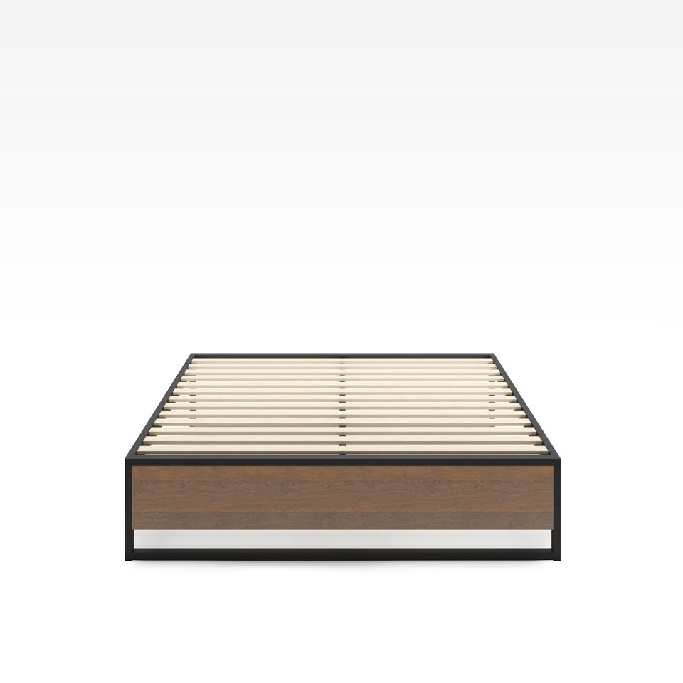 Front view of Zinus Suzanne Metal and Bamboo Platform Bed Frame in queen size. Black steel frame with bamboo wood panel and wooden slats provides mattress support without a box spring. A sleek, durable, and minimalist design for modern bedrooms.