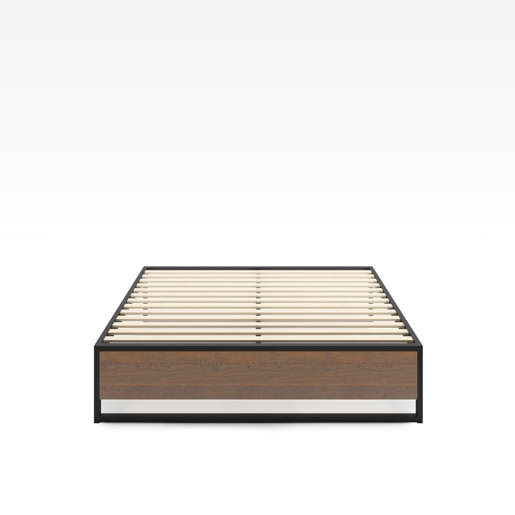 Front view of Zinus Suzanne Metal and Bamboo Platform Bed Frame in queen size. Black steel frame with bamboo wood panel and wooden slats provides mattress support without a box spring. A sleek, durable, and minimalist design for modern bedrooms. 