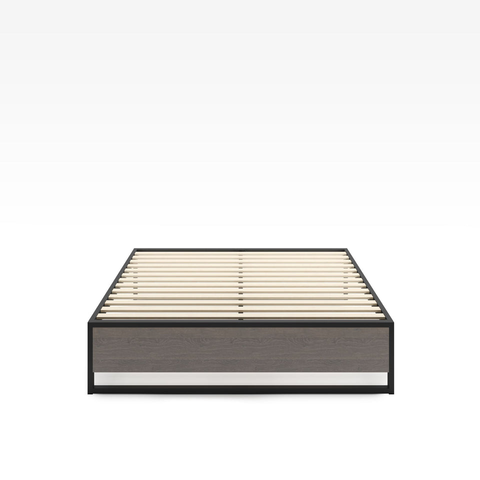 Front view of Zinus Suzanne Metal and Bamboo Platform Bed Frame in queen size. Black steel frame with bamboo wood panel and wooden slats provides mattress support without a box spring. A sleek, durable, and minimalist design for modern bedrooms.