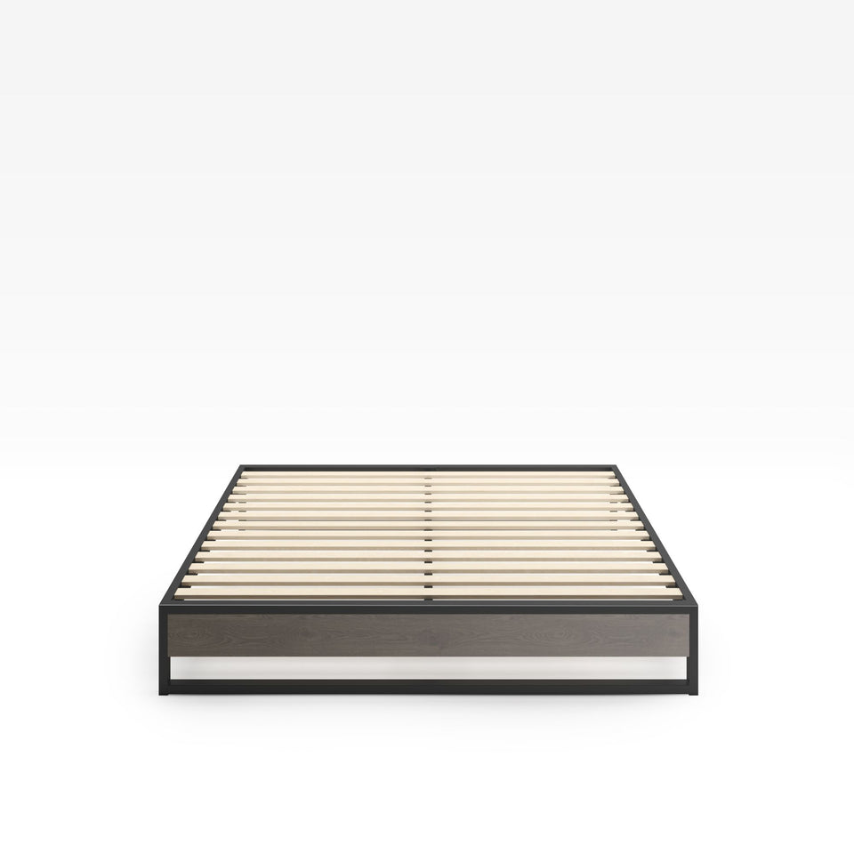 Front view of Zinus Suzanne Metal and Bamboo Platform Bed Frame in queen size. Black steel frame with bamboo wood panel and wooden slats provides mattress support without a box spring. A sleek, durable, and minimalist design for modern bedrooms.