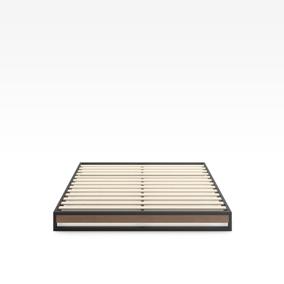 Front view of Zinus Suzanne Metal and Bamboo Platform Bed Frame in queen size. Black steel frame with bamboo wood panel and wooden slats provides mattress support without a box spring. A sleek, durable, and minimalist design for modern bedrooms.