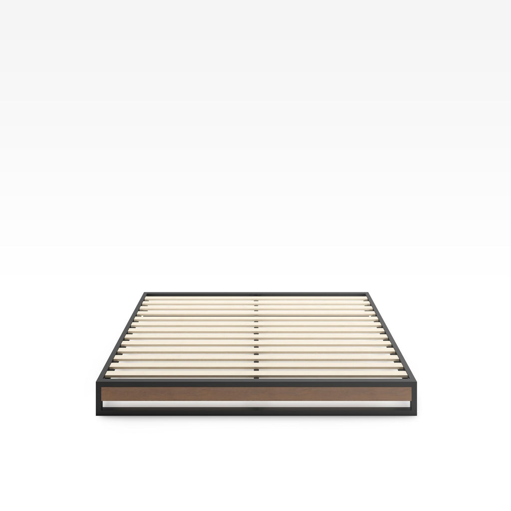 Front view of Zinus Suzanne Metal and Bamboo Platform Bed Frame in queen size. Black steel frame with bamboo wood panel and wooden slats provides mattress support without a box spring. A sleek, durable, and minimalist design for modern bedrooms. 