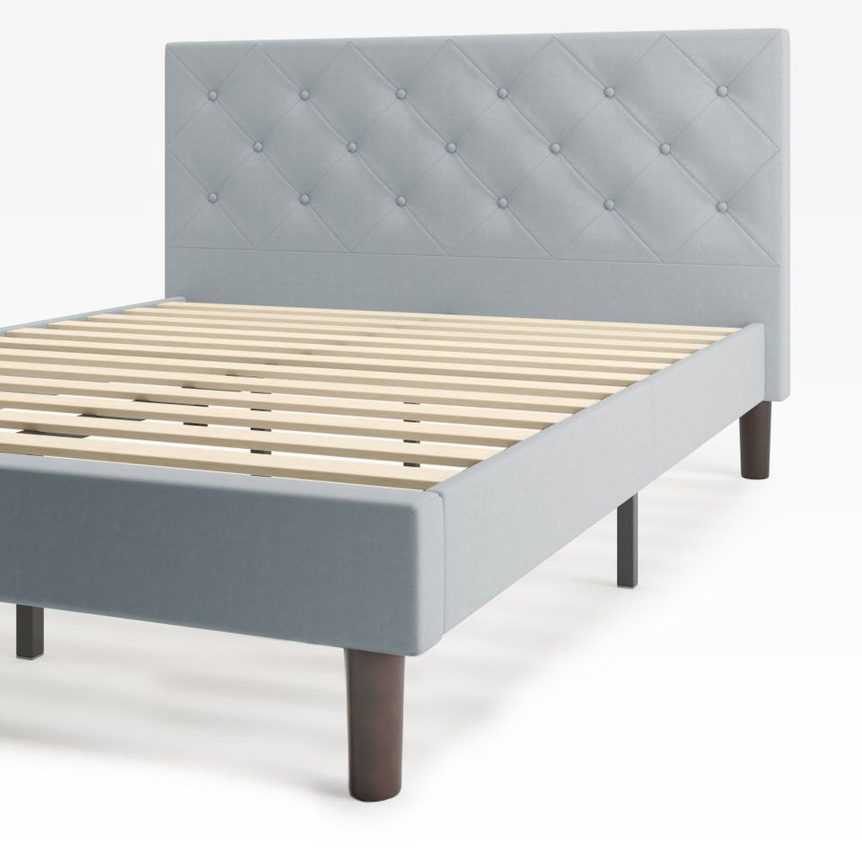 Zinus Shalini Upholstered Platform Bed Frame in light gray with a diamond-stitched headboard. Built with durable wooden slats for mattress support, this modern bed frame combines style, comfort, and strength while eliminating the need for a box spring.