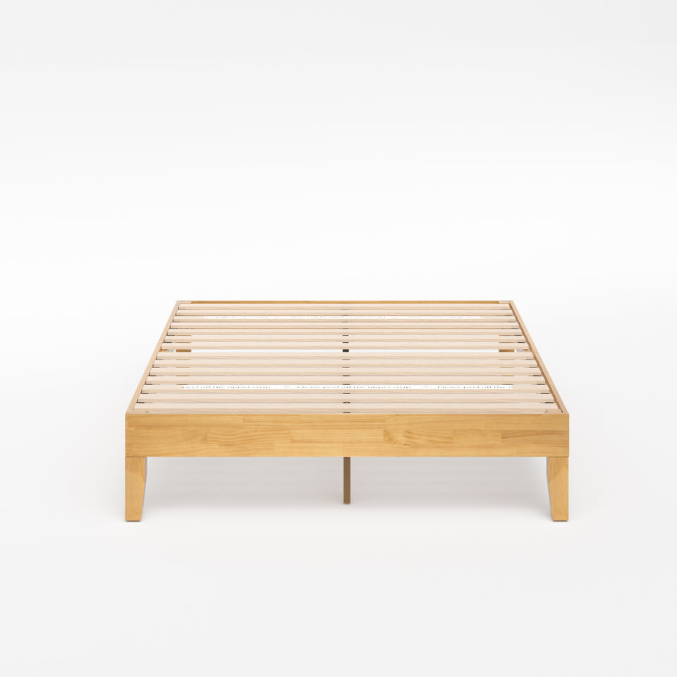 Zinus Moiz Deluxe Wood Platform Bed Frame in natural finish, shown from the front. Built with durable wood and sturdy slats, this minimalist platform frame provides strong mattress support, modern style, and no box spring requirement for easy bedroom setup