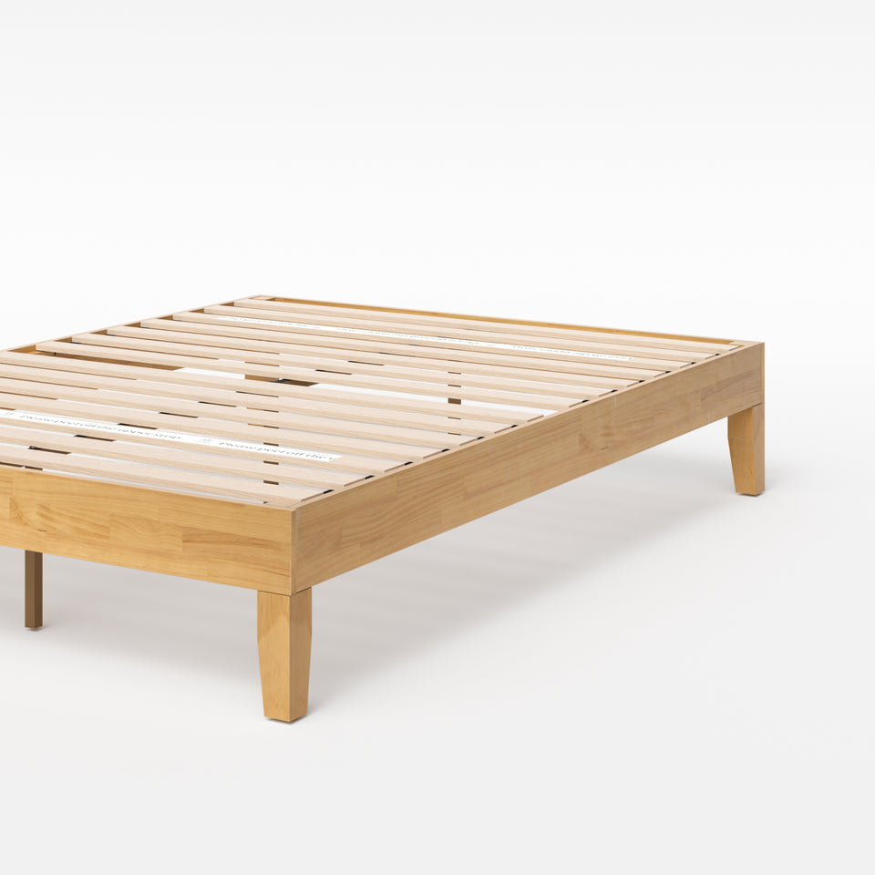 Side view of Zinus Moiz Deluxe Wood Platform Bed Frame in a warm wood finish. Features a slatted support system that enhances mattress airflow, prevents sagging, and provides long-lasting stability while complementing modern and minimalist bedroom designs