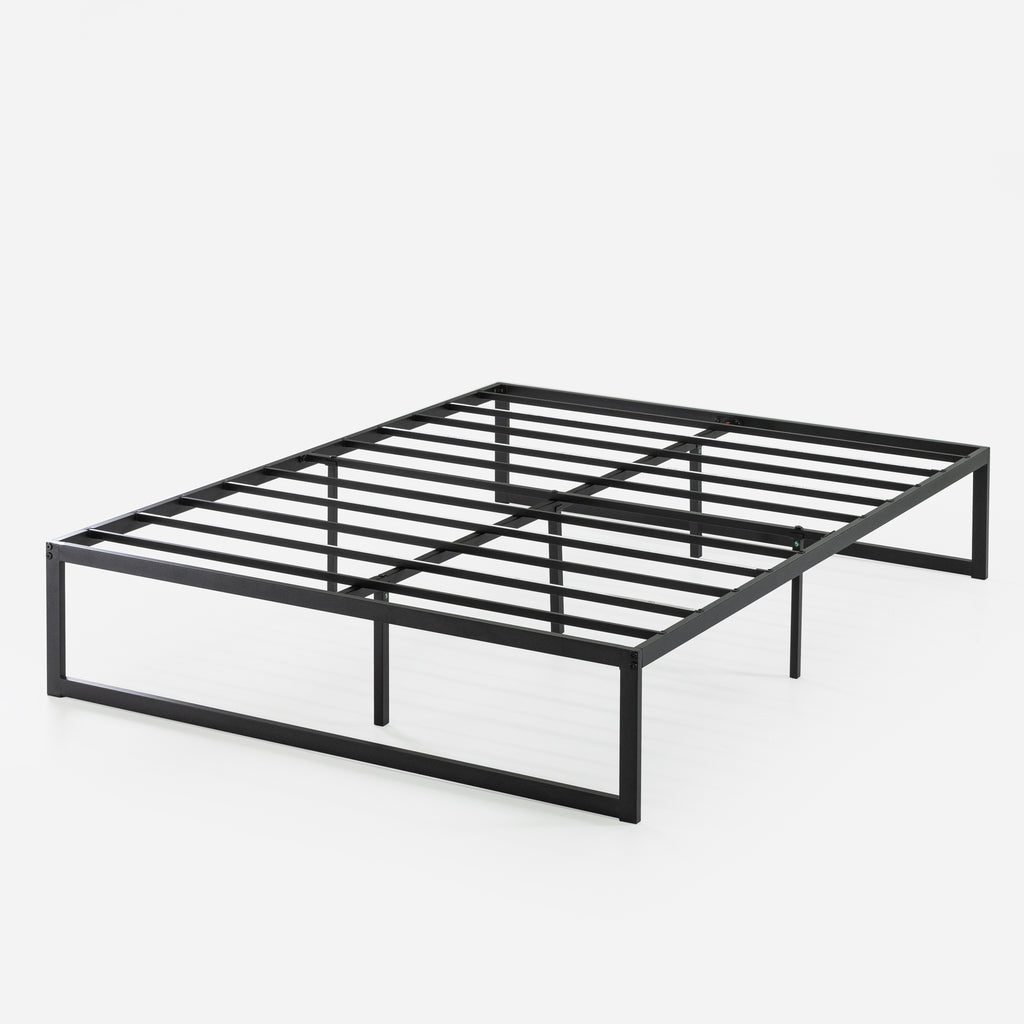 Abel Metal Platform Bed Frame shown angled on white background, designed with black steel and strong support slats. Fourteen-inch platform height provides 12 inches of open underbed clearance, creating storage space for bins or boxes, while modern minimalist style offers long-lasting durability. 
