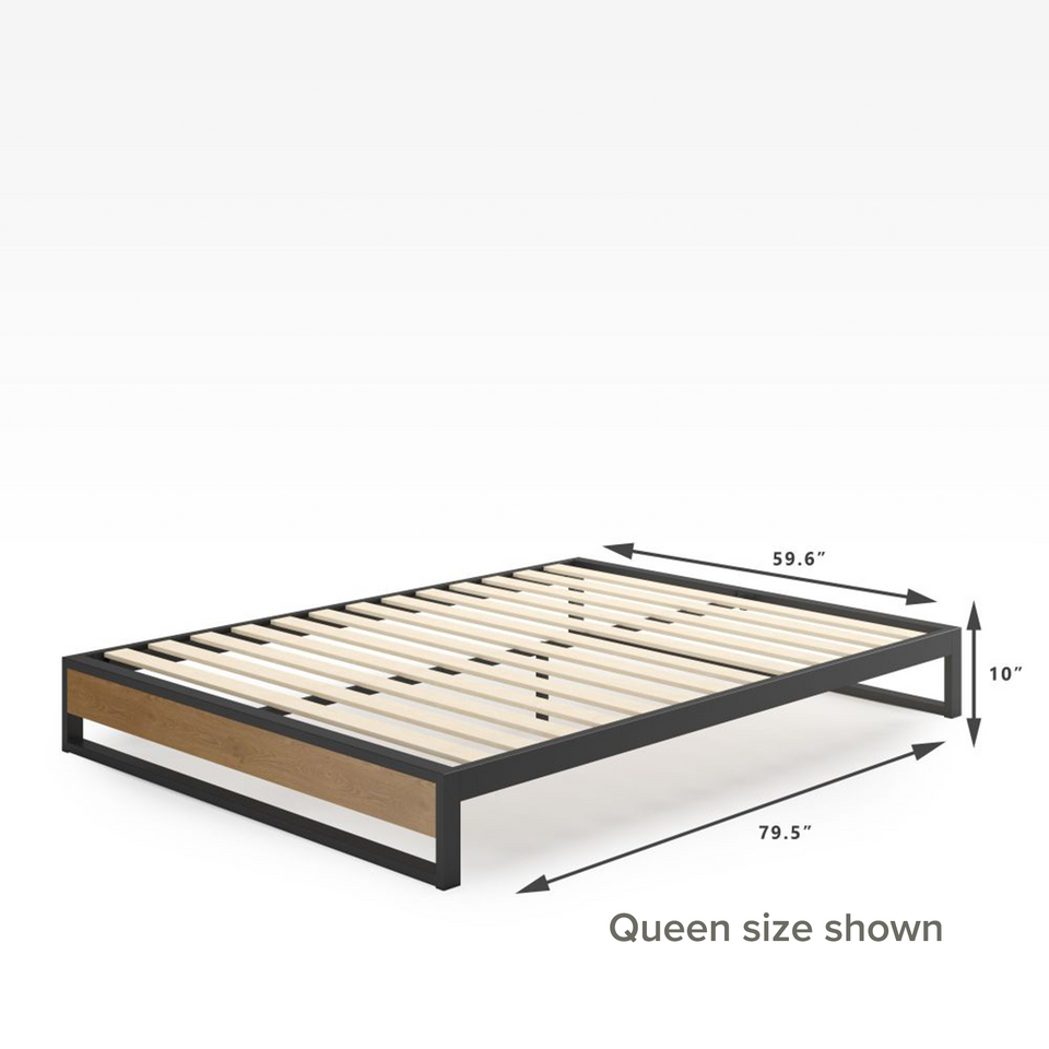Zinus Suzanne Metal and Bamboo Platform Bed Frame in queen size, 10-inch profile. Low-profile black steel frame with bamboo paneling and sturdy wood slats ensures reliable mattress support. A minimalist design combining durability with natural style.