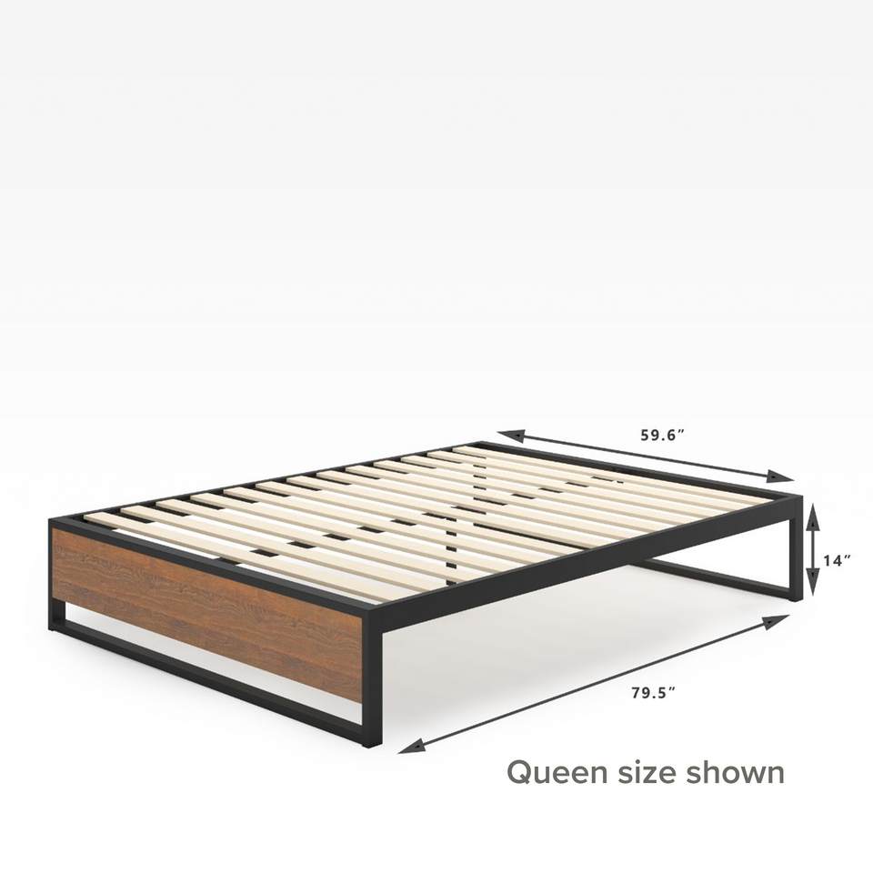 Zinus Suzanne Metal and Bamboo Platform Bed Frame in queen size, 14-inch profile. Features a strong black steel frame with bamboo accents and wood slats for mattress support. Durable, modern design blends industrial and natural elements for lasting comfort.