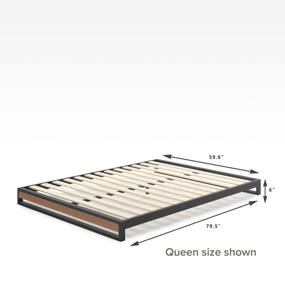 Zinus Suzanne Metal and Bamboo Platform Bed Frame in queen size, 6-inch ultra-low profile. Sleek black steel frame with bamboo accents and wooden slats supports mattresses without a box spring. Perfect for modern, minimalist bedroom spaces.