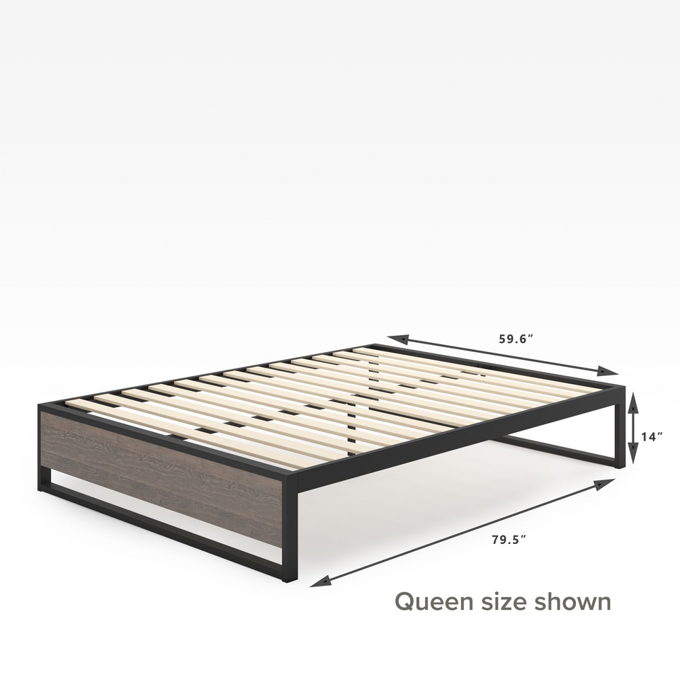 Zinus Suzanne Metal and Bamboo Platform Bed Frame in queen size, 14-inch profile. Features a strong black steel frame with bamboo accents and wood slats for mattress support. Durable, modern design blends industrial and natural elements for lasting comfort.