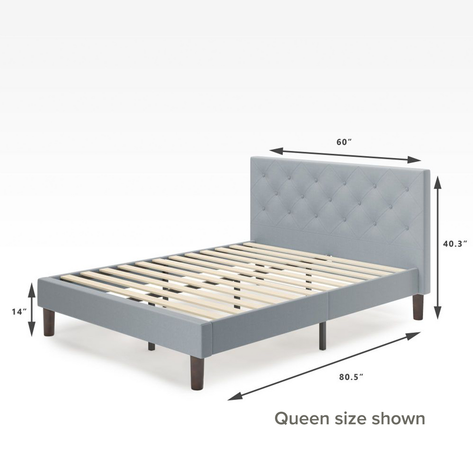 Zinus Shalini Upholstered Platform Bed Frame in light gray, queen size shown with dimensions 80.5” length, 60” width, and 40.3” height. Features diamond-stitched tufted headboard, sturdy wooden slats for strong mattress support, and 14” underbed clearance.